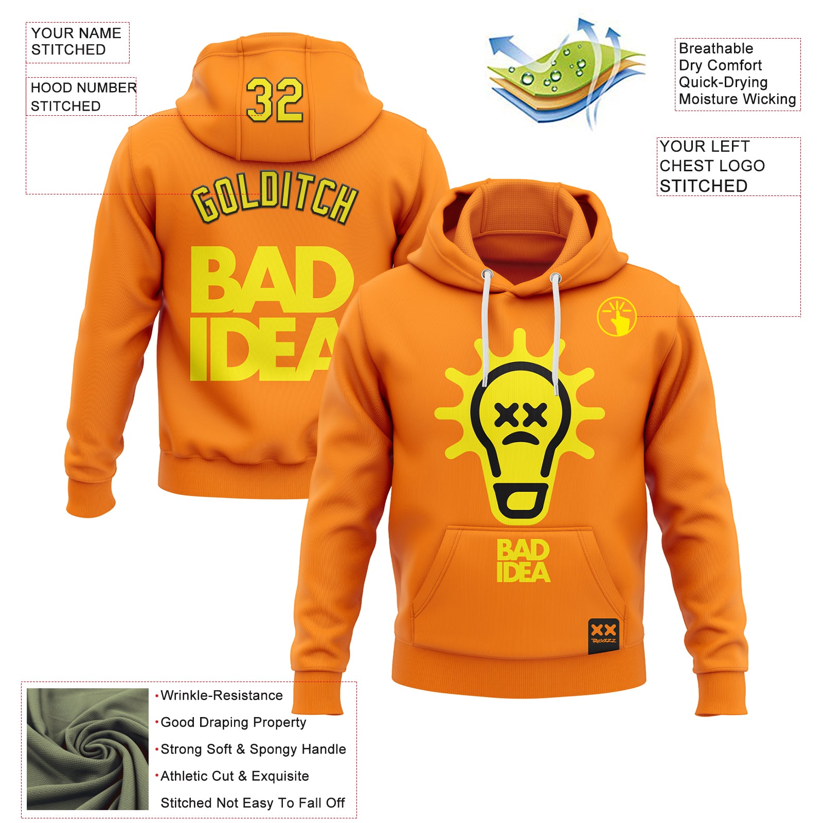 Custom Stitched Bay Orange Light Yellow-Black 3D Revzzz Bad Idea Sports Pullover Sweatshirt Hoodie