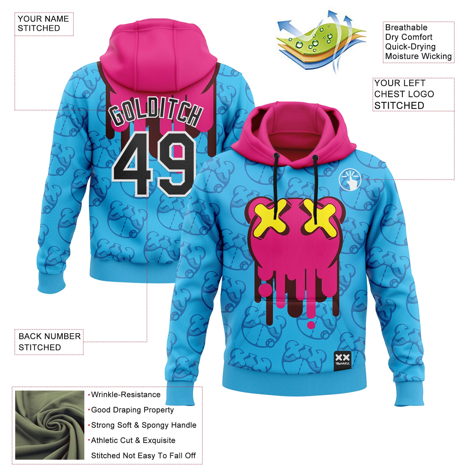 Custom Stitched Sky Blue Black Hot Pink-White 3D Revzzz Drip Bear Sports Pullover Sweatshirt Hoodie