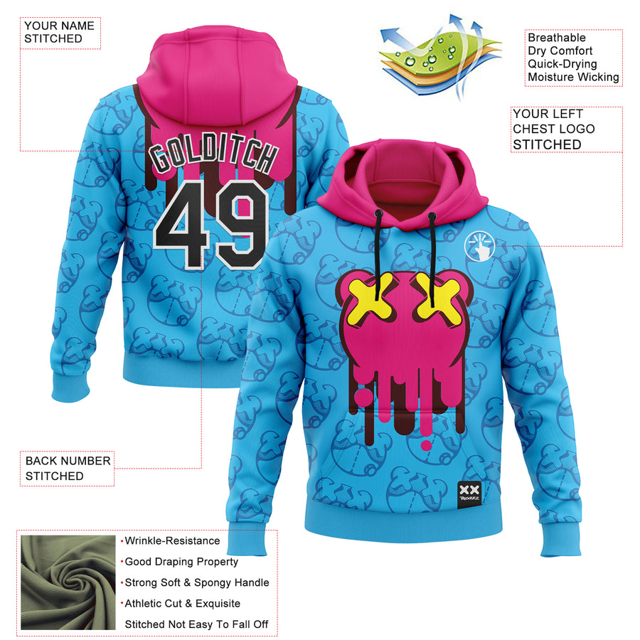 Custom Stitched Sky Blue Black Hot Pink-White 3D Revzzz Drip Bear Sports Pullover Sweatshirt Hoodie