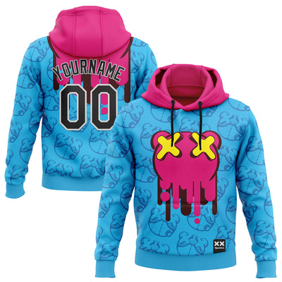 Custom Stitched Sky Blue Black Hot Pink-White 3D Revzzz Drip Bear Sports Pullover Sweatshirt Hoodie