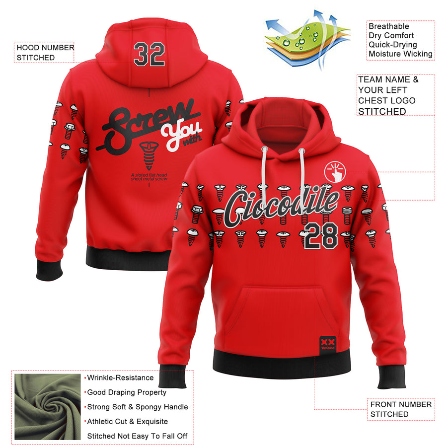Custom Stitched Fire Red Black-White 3D Revzzz Screw-U Sports Pullover Sweatshirt Hoodie