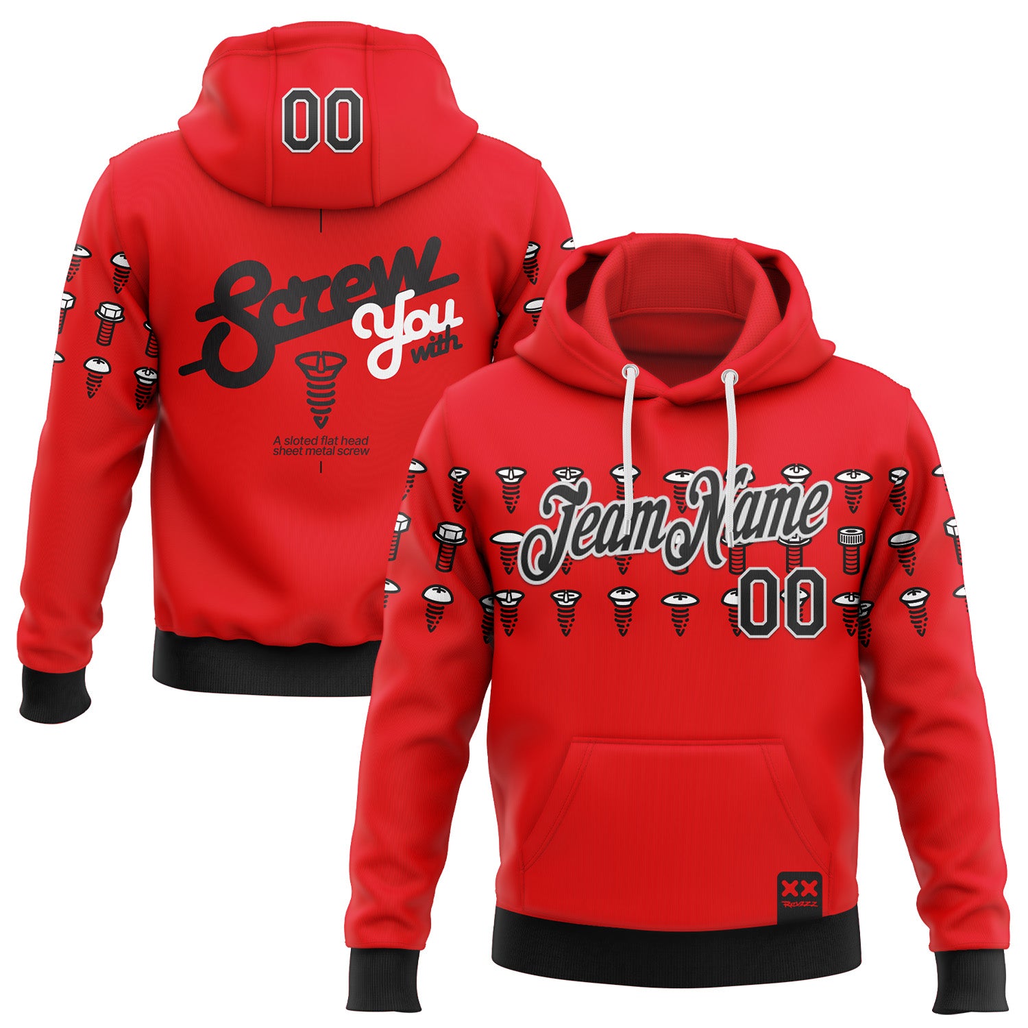 Custom Stitched Fire Red Black-White 3D Revzzz Screw-U Sports Pullover Sweatshirt Hoodie
