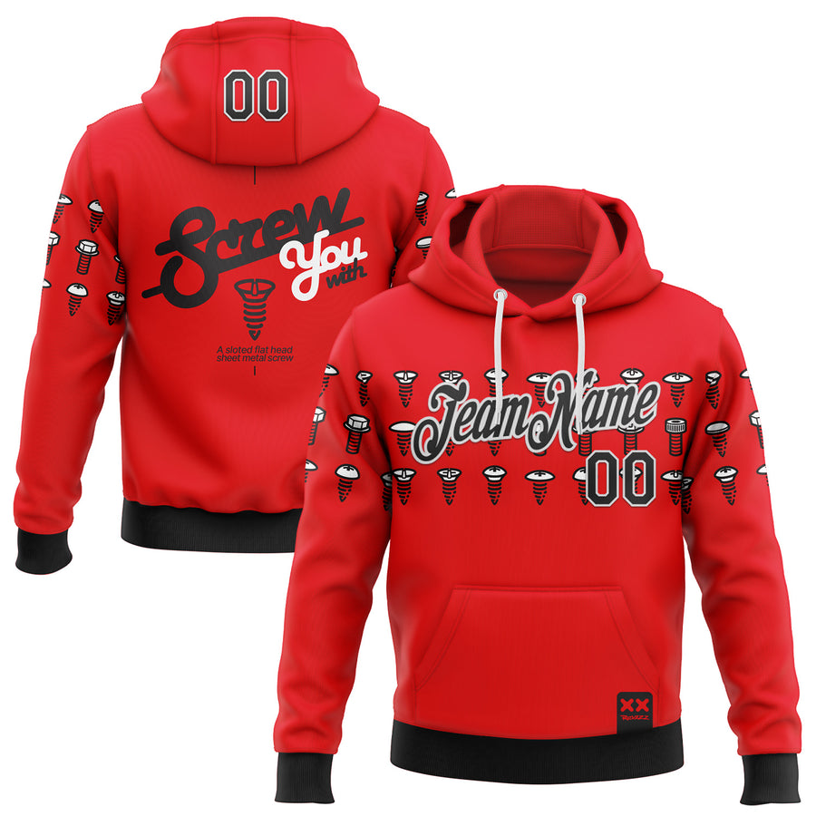 Custom Stitched Fire Red Black-White 3D Revzzz Screw-U Sports Pullover Sweatshirt Hoodie
