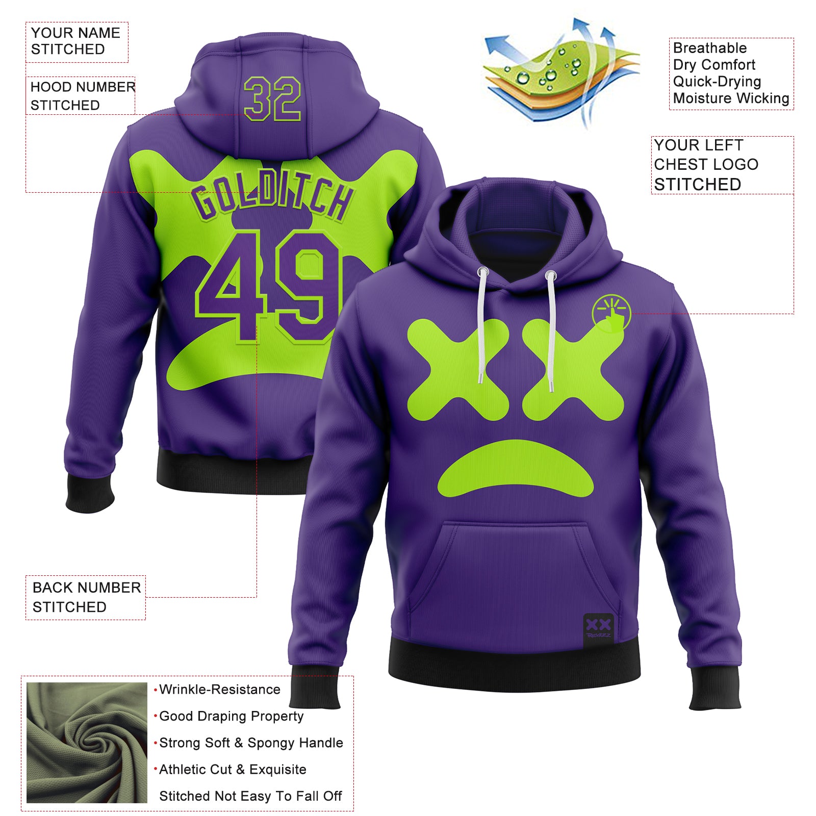 Custom Stitched Purple Neon Green 3D Revzzz No In Green Sports Pullover Sweatshirt Hoodie
