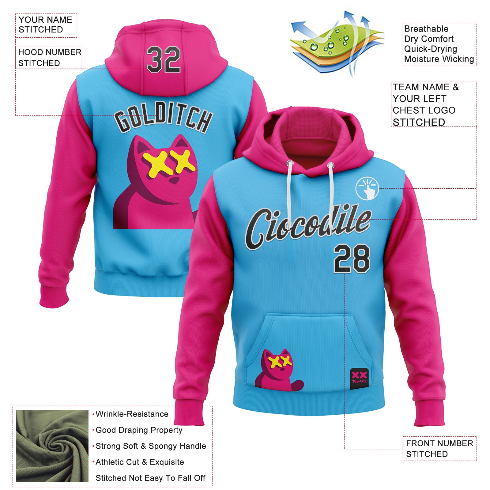Custom Stitched Sky Blue Black Hot Pink-White 3D Revzzz Katzen Sports Pullover Sweatshirt Hoodie