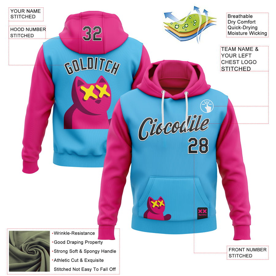 Custom Stitched Sky Blue Black Hot Pink-White 3D Revzzz Katzen Sports Pullover Sweatshirt Hoodie