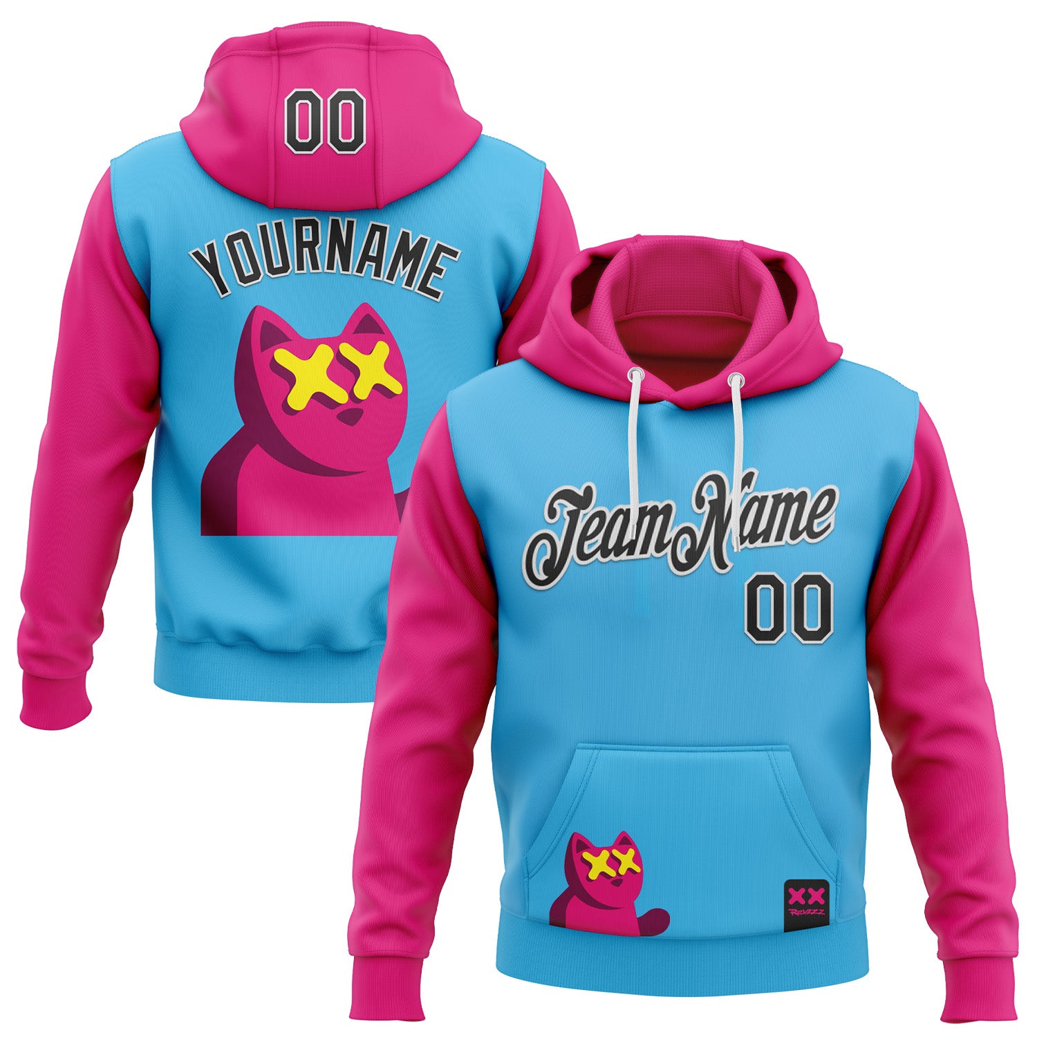 Custom Stitched Sky Blue Black Hot Pink-White 3D Revzzz Katzen Sports Pullover Sweatshirt Hoodie