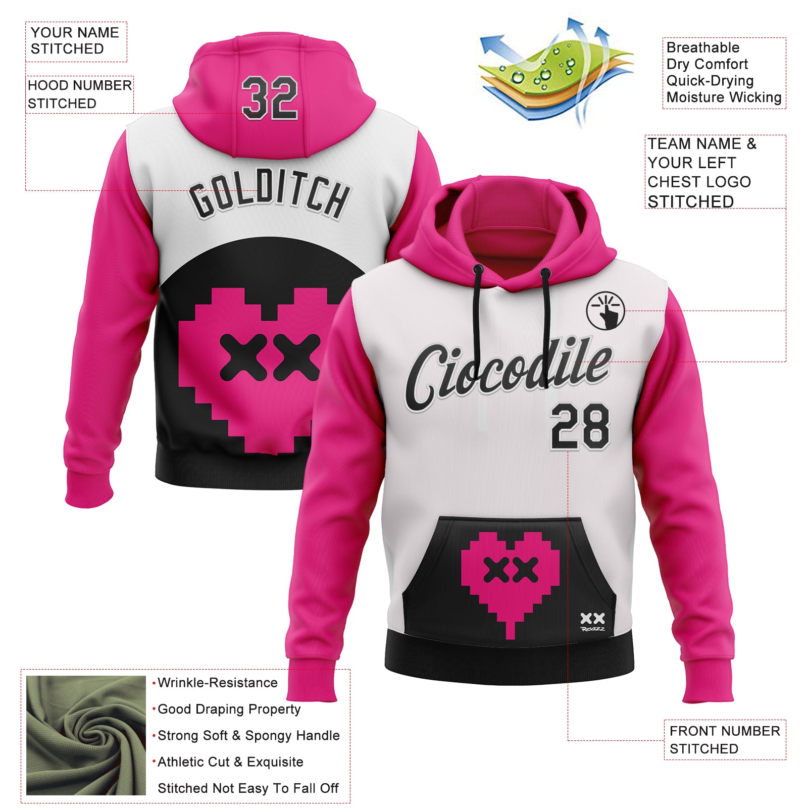 Custom Stitched White Black-Hot Pink 3D Revzzz Pixelated Love Sports Pullover Sweatshirt Hoodie