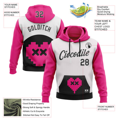 Custom Stitched White Black-Hot Pink 3D Revzzz Pixelated Love Sports Pullover Sweatshirt Hoodie