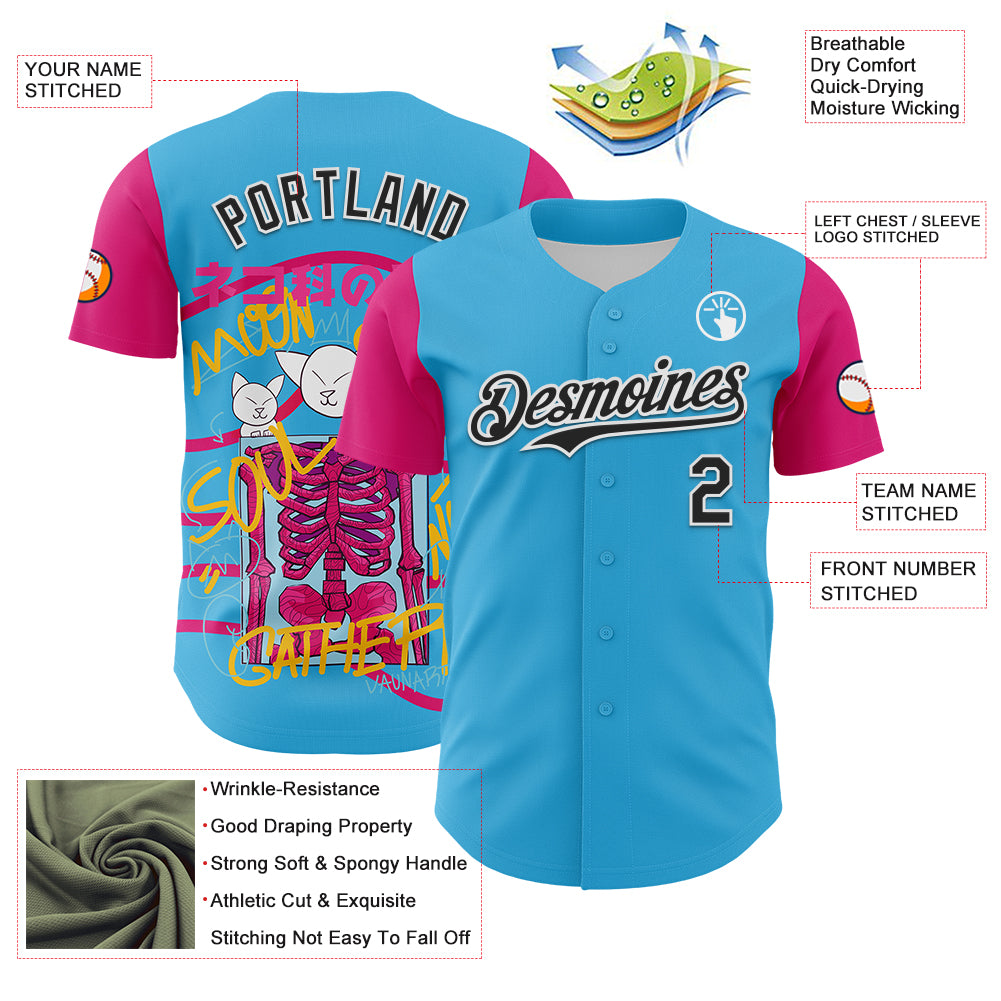 Custom Sky Blue Black Hot Pink-White 3D Vaunsart Skelacat Authentic Baseball Jersey