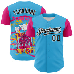 Custom Sky Blue Black Hot Pink-White 3D Vaunsart Skelacat Authentic Baseball Jersey