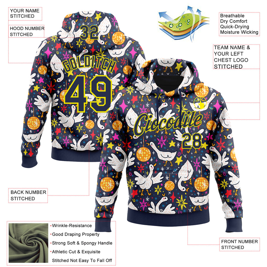 Custom Stitched Navy Light Yellow 3D Emi Bee Cosmic Disco Geese Sports Pullover Sweatshirt Hoodie