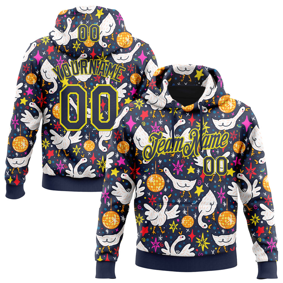 Custom Stitched Navy Light Yellow 3D Emi Bee Cosmic Disco Geese Sports Pullover Sweatshirt Hoodie