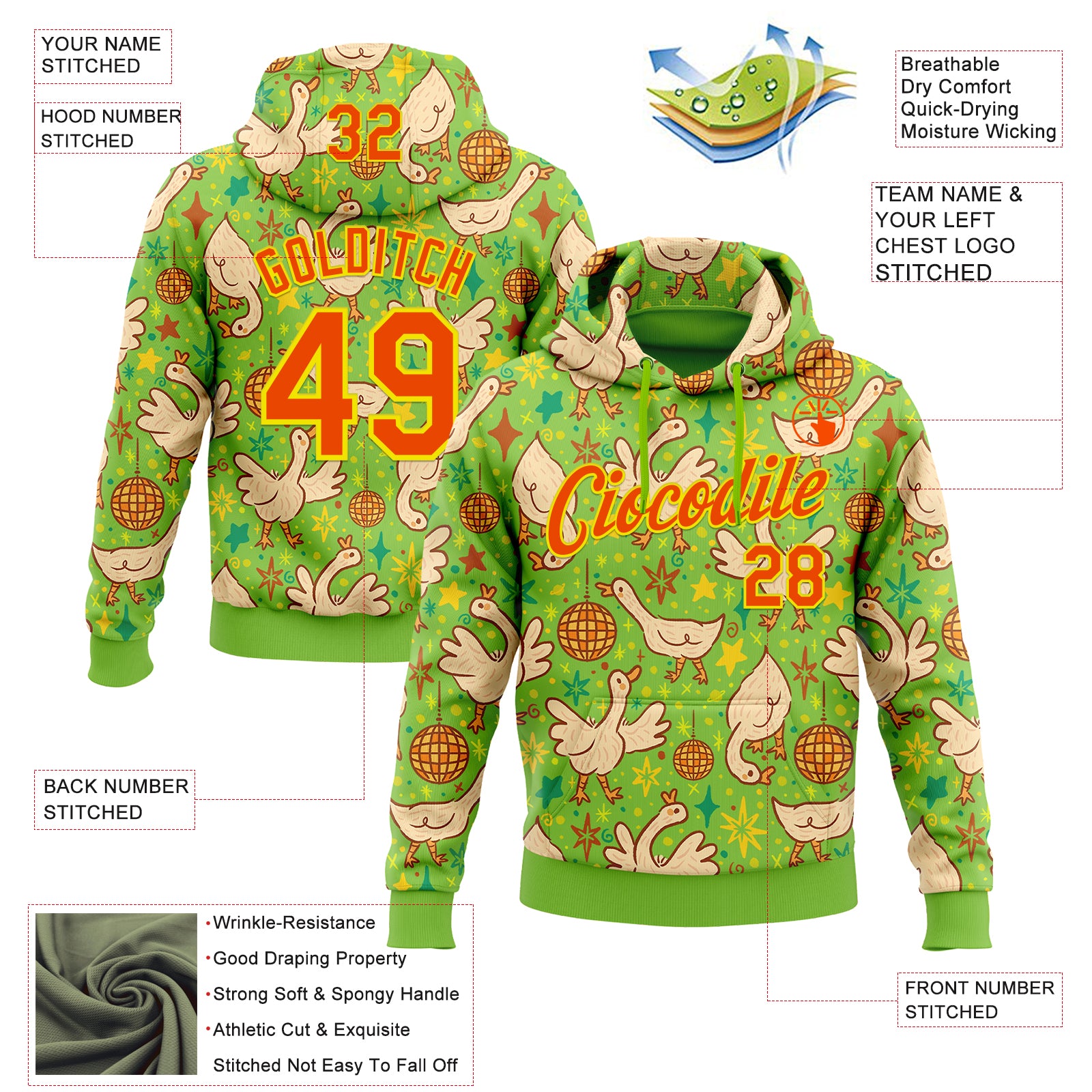 Custom Stitched Neon Green Orange-Light Yellow 3D Emi Bee Cosmic Disco Geese Sports Pullover Sweatshirt Hoodie