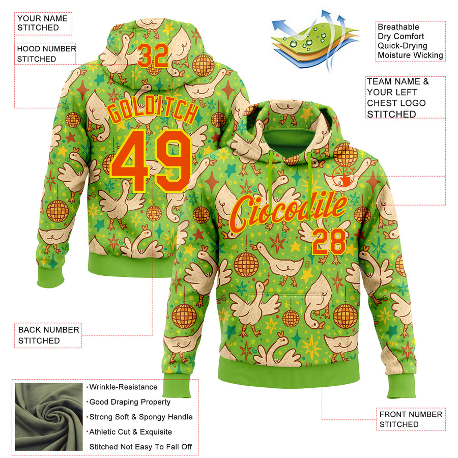 Custom Stitched Neon Green Orange-Light Yellow 3D Emi Bee Cosmic Disco Geese Sports Pullover Sweatshirt Hoodie