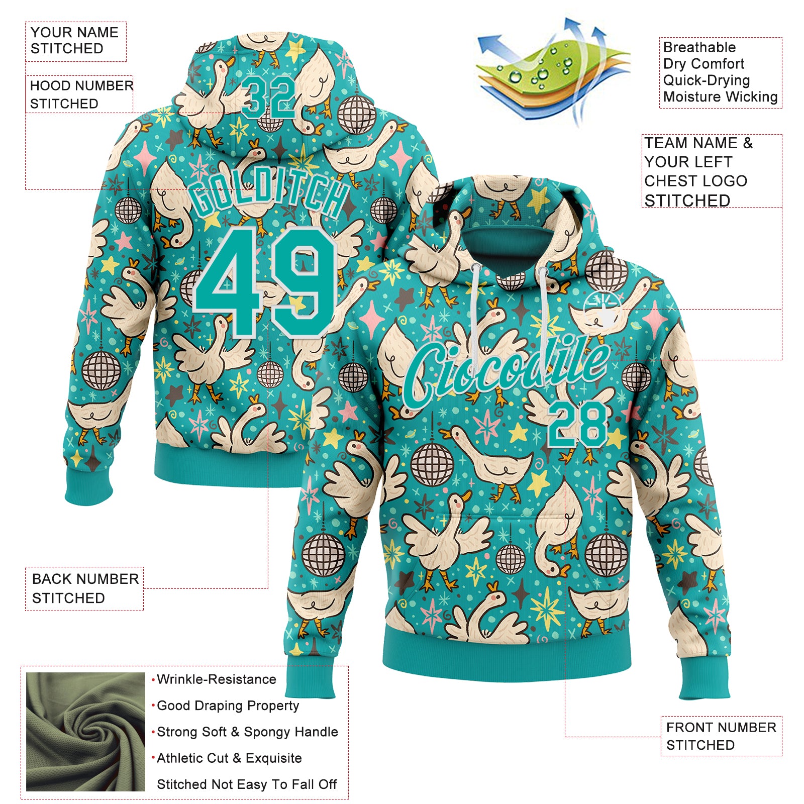 Custom Stitched Aqua White 3D Emi Bee Cosmic Disco Geese Sports Pullover Sweatshirt Hoodie