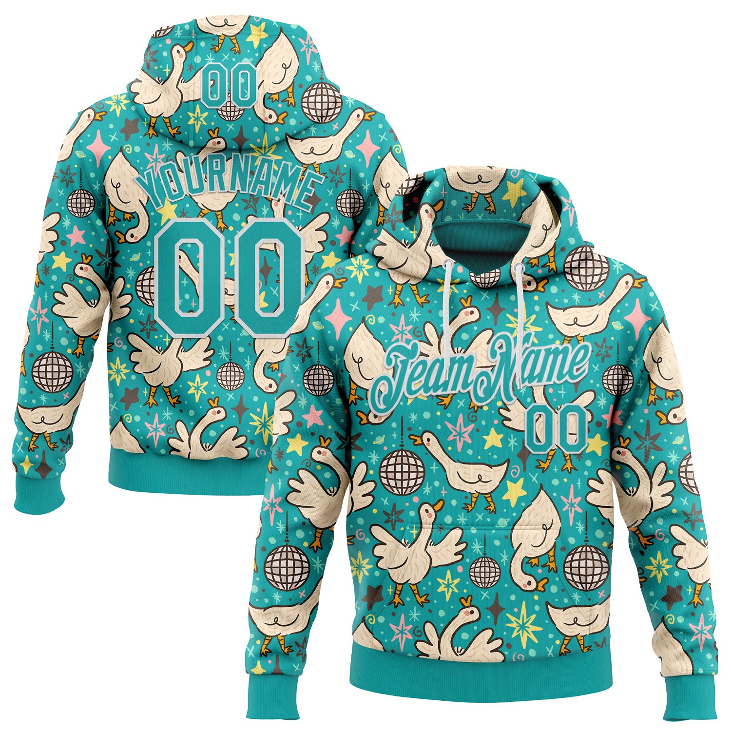 Custom Stitched Aqua White 3D Emi Bee Cosmic Disco Geese Sports Pullover Sweatshirt Hoodie