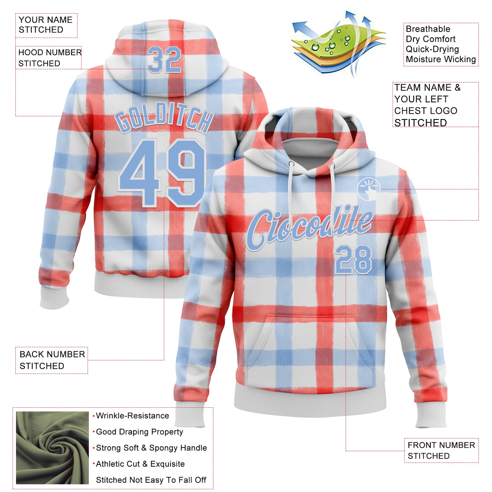 Custom Stitched White Light Blue Red-White 3D Emi Bee Double Gingham Sports Pullover Sweatshirt Hoodie