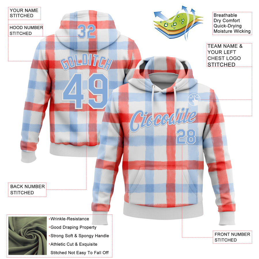 Custom Stitched White Light Blue Red-White 3D Emi Bee Double Gingham Sports Pullover Sweatshirt Hoodie