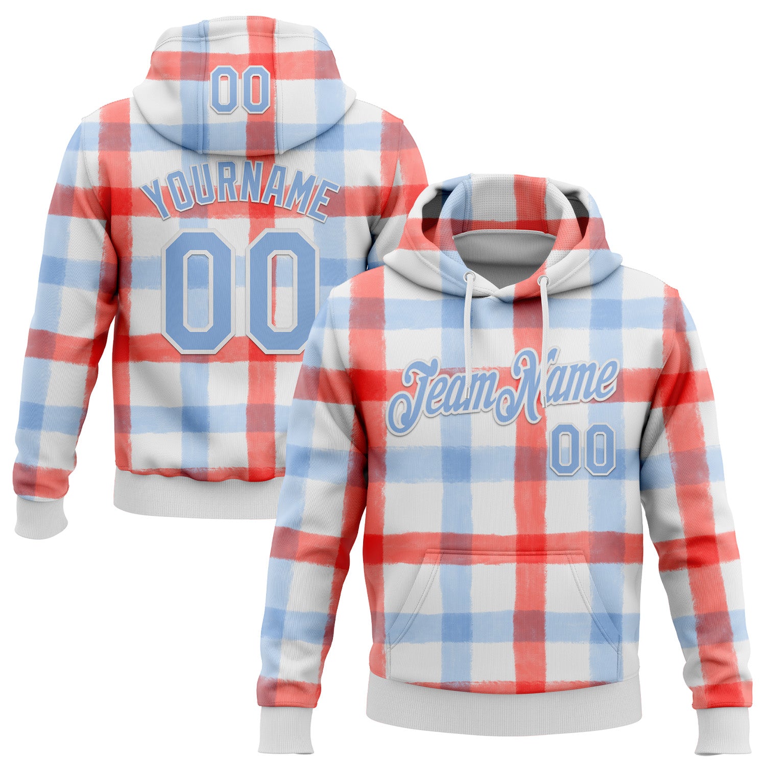 Custom Stitched White Light Blue Red-White 3D Emi Bee Double Gingham Sports Pullover Sweatshirt Hoodie