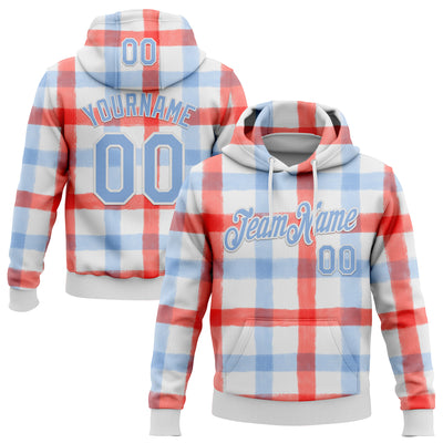 Custom Stitched White Light Blue Red-White 3D Emi Bee Double Gingham Sports Pullover Sweatshirt Hoodie
