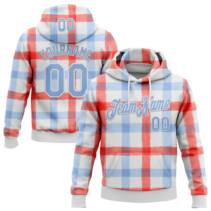 Custom Stitched White Light Blue Red-White 3D Emi Bee Double Gingham Sports Pullover Sweatshirt Hoodie