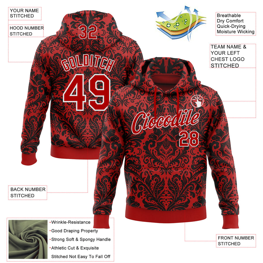Custom Stitched Red Black-White 3D Emi Bee Gothic Bat Damask Sports Pullover Sweatshirt Hoodie