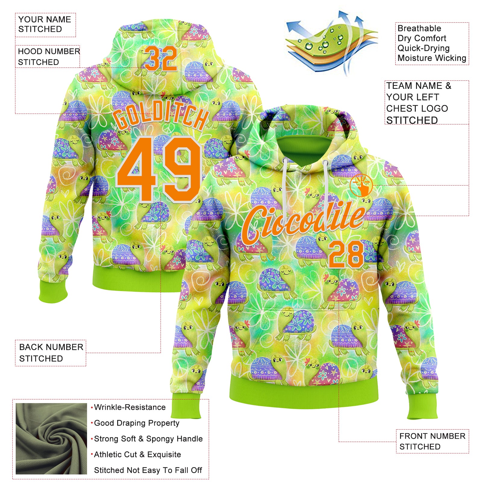 Custom Stitched Green Bay Orange-White 3D Emi Bee Groovy Turtles Sports Pullover Sweatshirt Hoodie