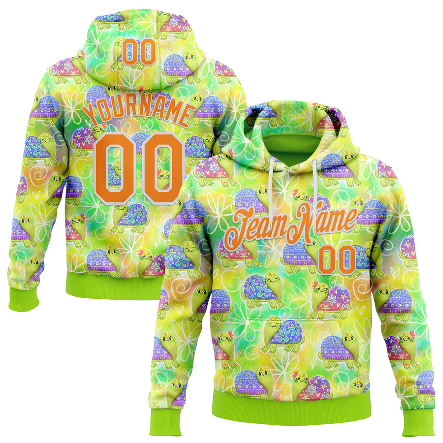 Custom Stitched Green Bay Orange-White 3D Emi Bee Groovy Turtles Sports Pullover Sweatshirt Hoodie