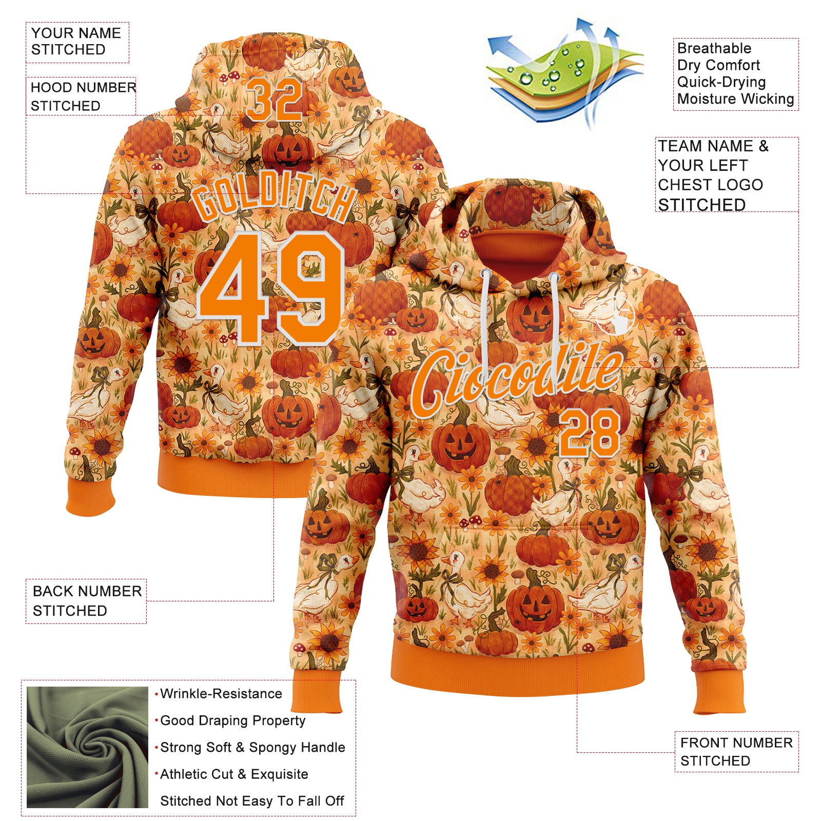 Custom Stitched Orange Bay Orange-White 3D Emi Bee Halloween Pumpkin Geese Sports Pullover Sweatshirt Hoodie