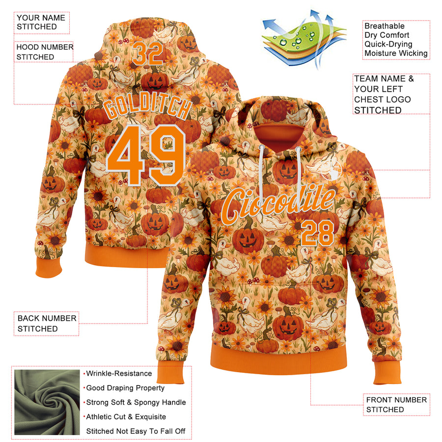 Custom Stitched Orange Bay Orange-White 3D Emi Bee Halloween Pumpkin Geese Sports Pullover Sweatshirt Hoodie