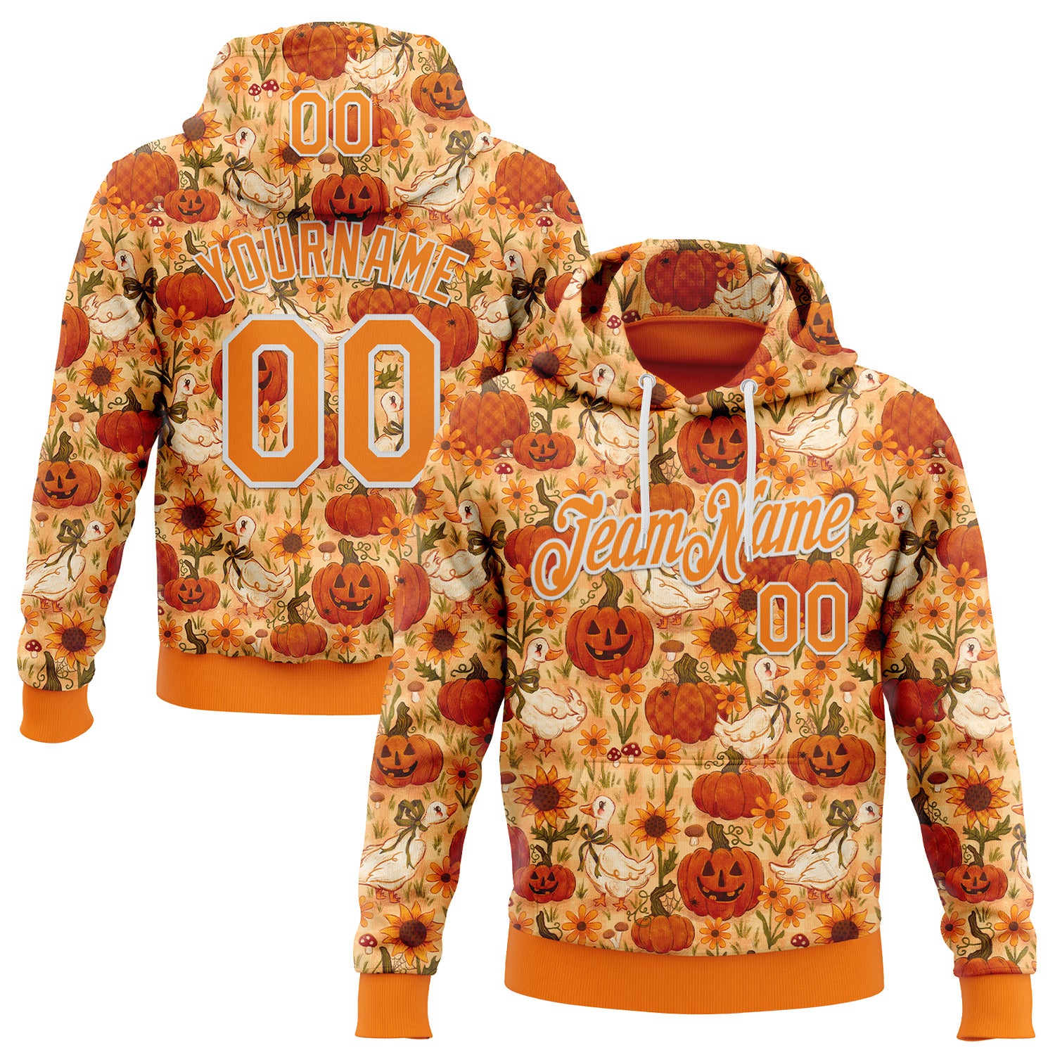 Custom Stitched Orange Bay Orange-White 3D Emi Bee Halloween Pumpkin Geese Sports Pullover Sweatshirt Hoodie