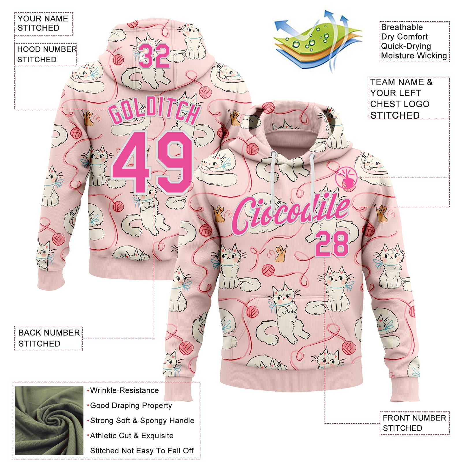 Custom Stitched Light Pink Pink-White 3D Emi Bee Kawaii Doodle Cats Sports Pullover Sweatshirt Hoodie