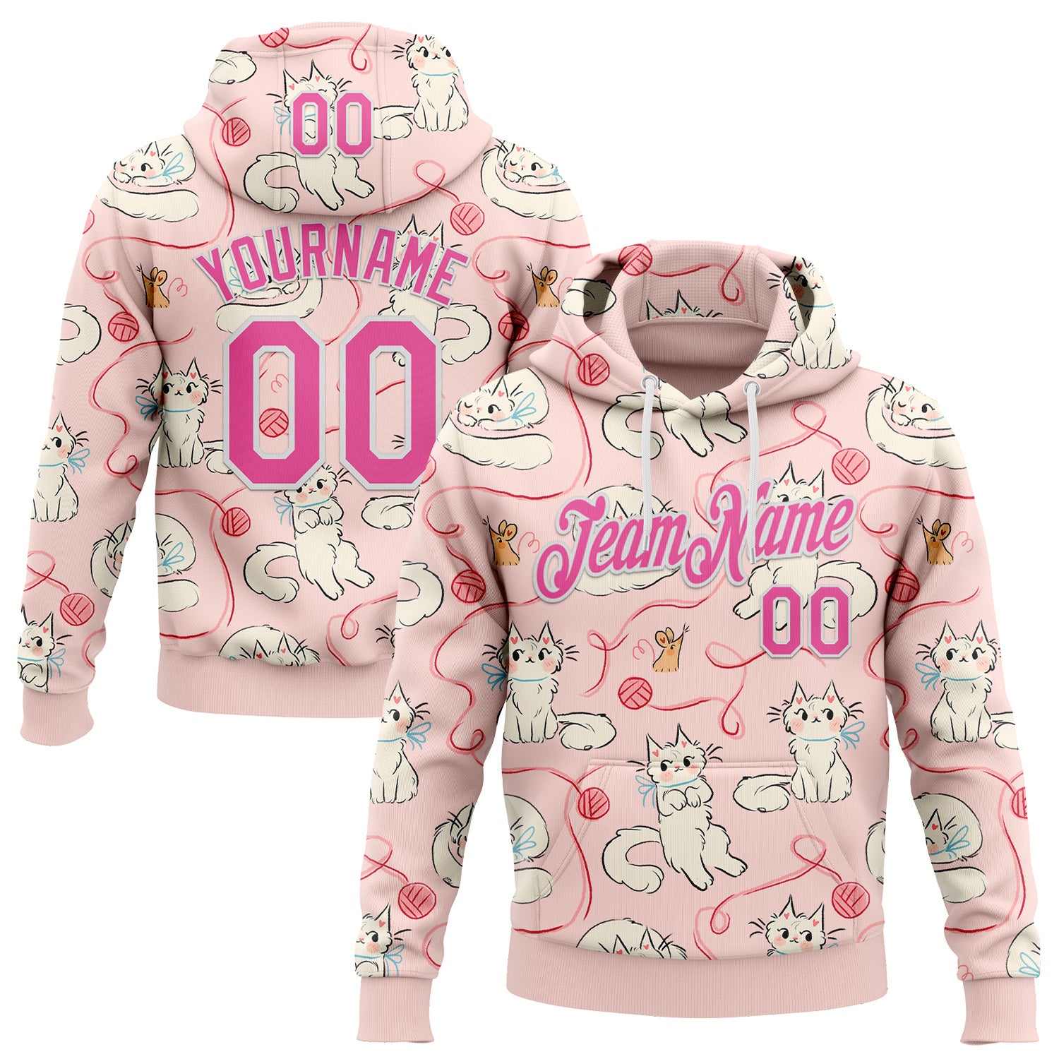 Custom Stitched Light Pink Pink-White 3D Emi Bee Kawaii Doodle Cats Sports Pullover Sweatshirt Hoodie