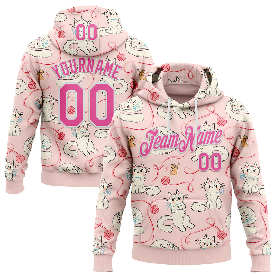 Custom Stitched Light Pink Pink-White 3D Emi Bee Kawaii Doodle Cats Sports Pullover Sweatshirt Hoodie