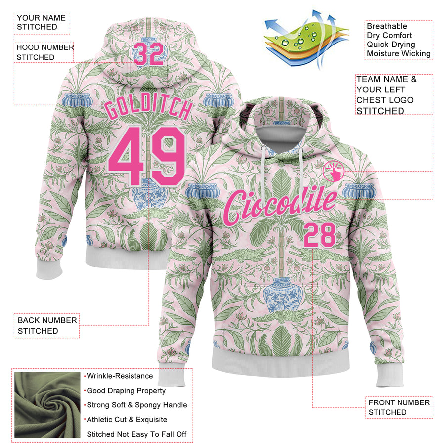 Custom Stitched Light Pink Pink-White 3D Emi Bee Lana Crocodile Palm Sports Pullover Sweatshirt Hoodie