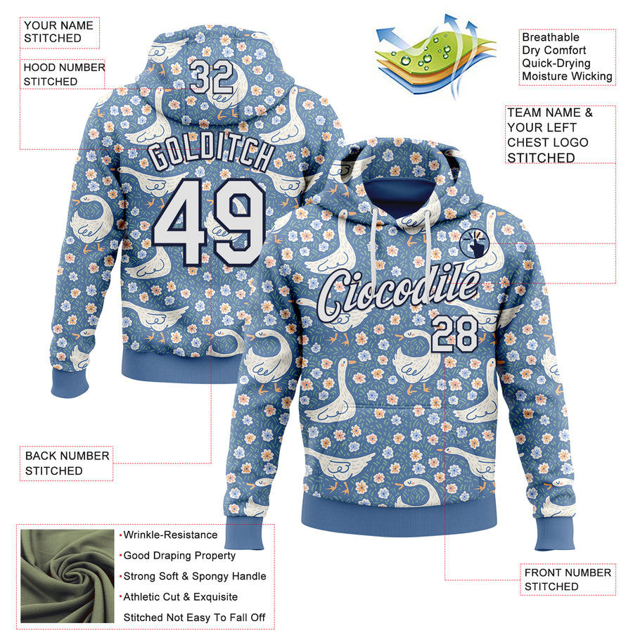 Custom Stitched Blue White-Navy 3D Emi Bee Meadow Goose Sports Pullover Sweatshirt Hoodie