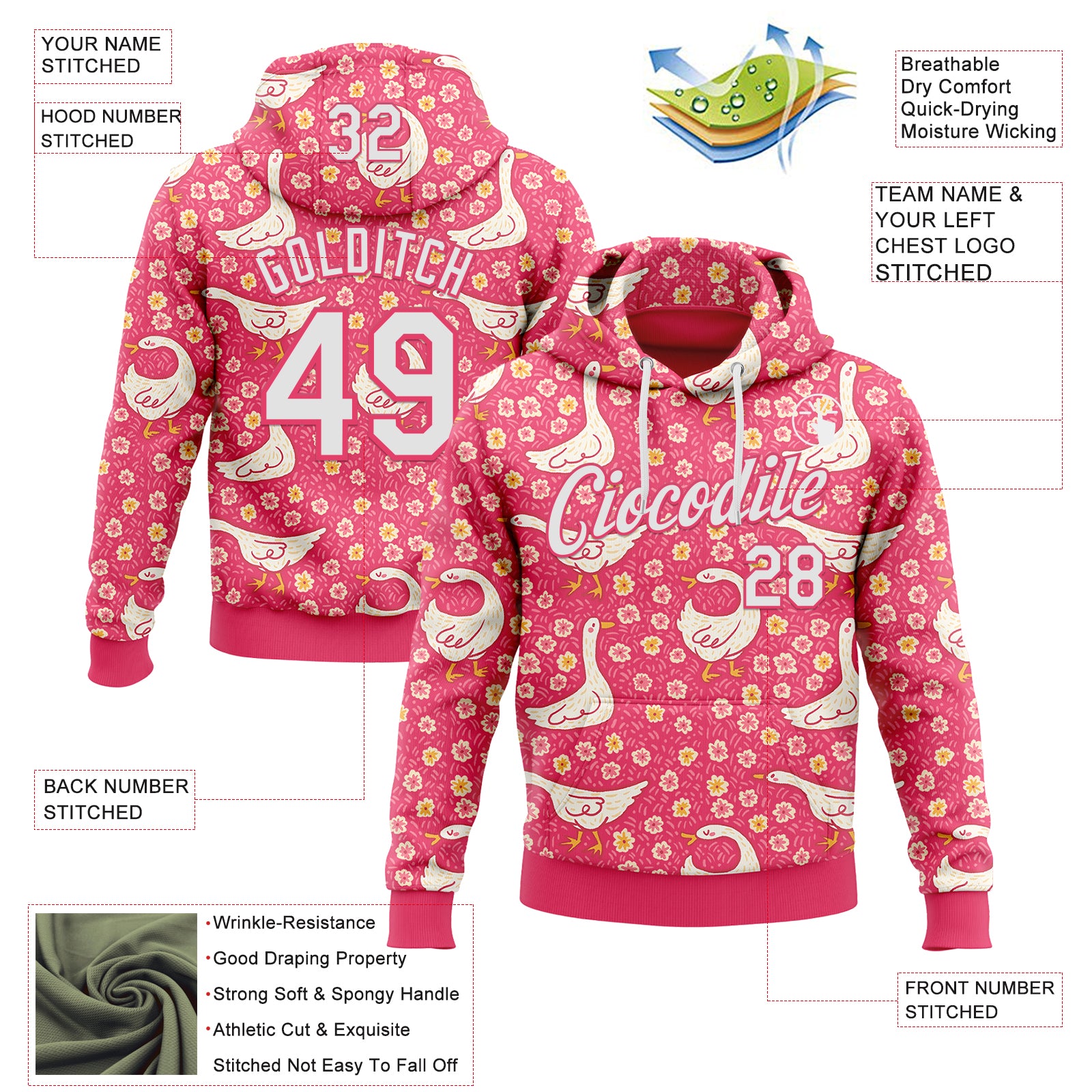 Custom Stitched Neon Pink White 3D Emi Bee Meadow Goose Sports Pullover Sweatshirt Hoodie