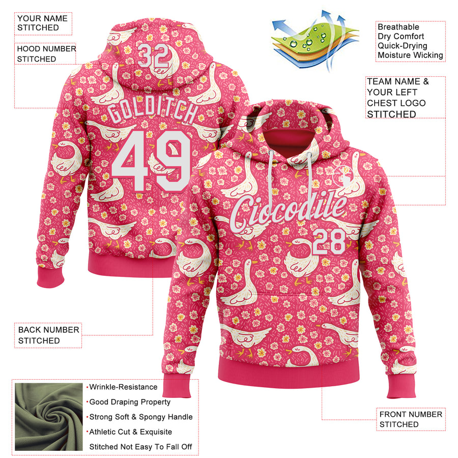 Custom Stitched Neon Pink White 3D Emi Bee Meadow Goose Sports Pullover Sweatshirt Hoodie