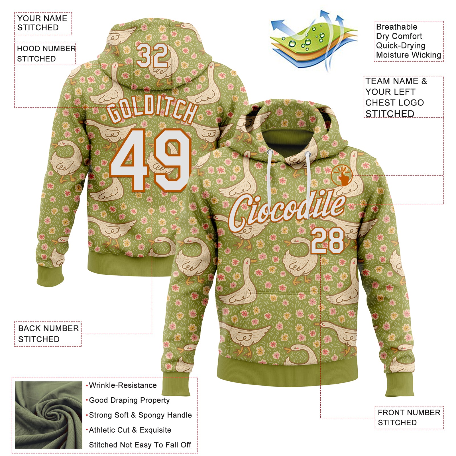 Custom Stitched Green White-Texas Orange 3D Emi Bee Meadow Goose Sports Pullover Sweatshirt Hoodie
