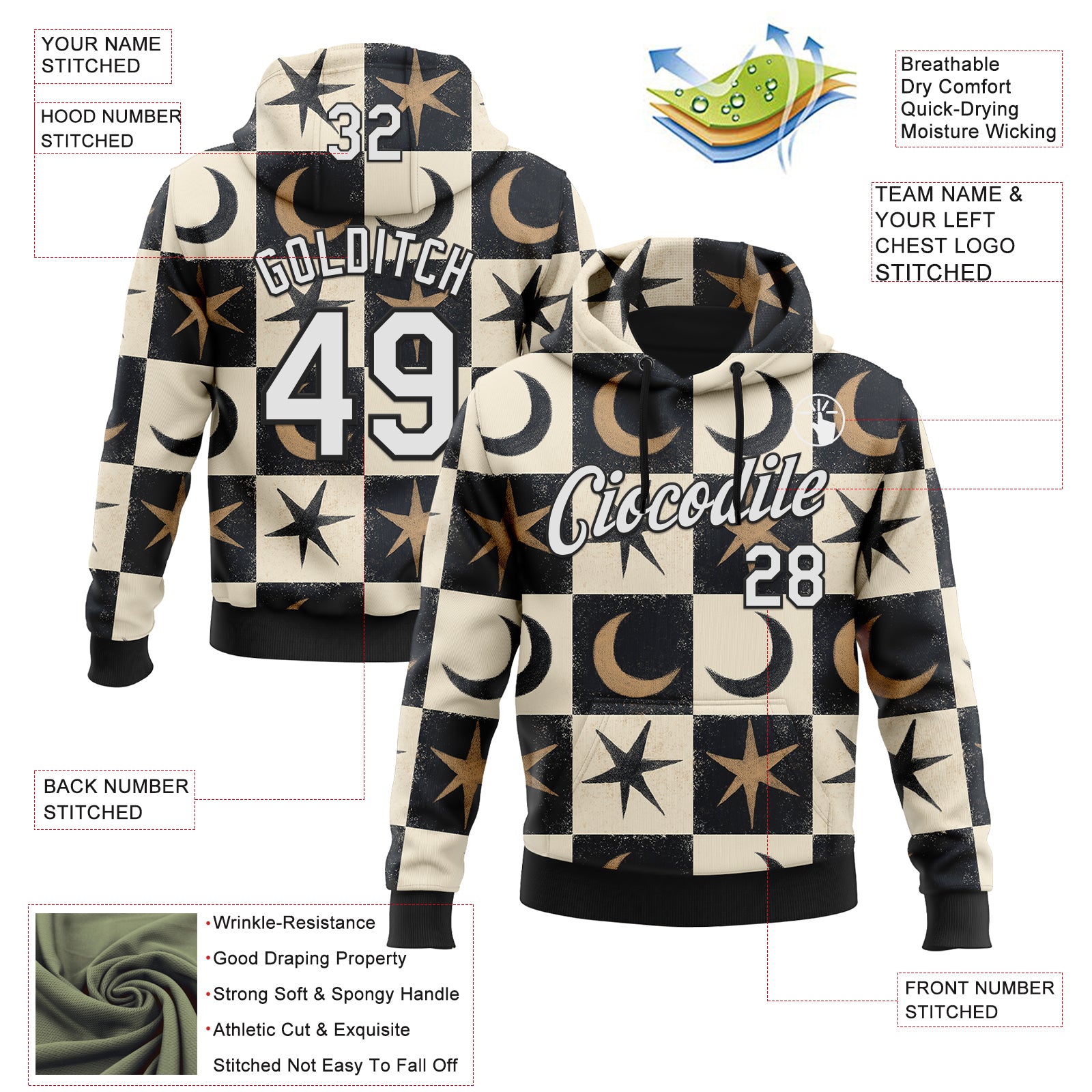 Custom Stitched Black White-Cream 3D Emi Bee Moon Star Check Sports Pullover Sweatshirt Hoodie