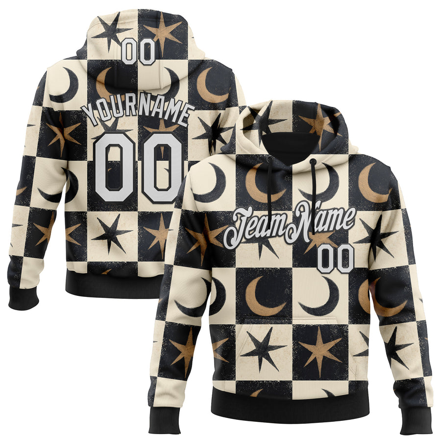 Custom Stitched Black White-Cream 3D Emi Bee Moon Star Check Sports Pullover Sweatshirt Hoodie