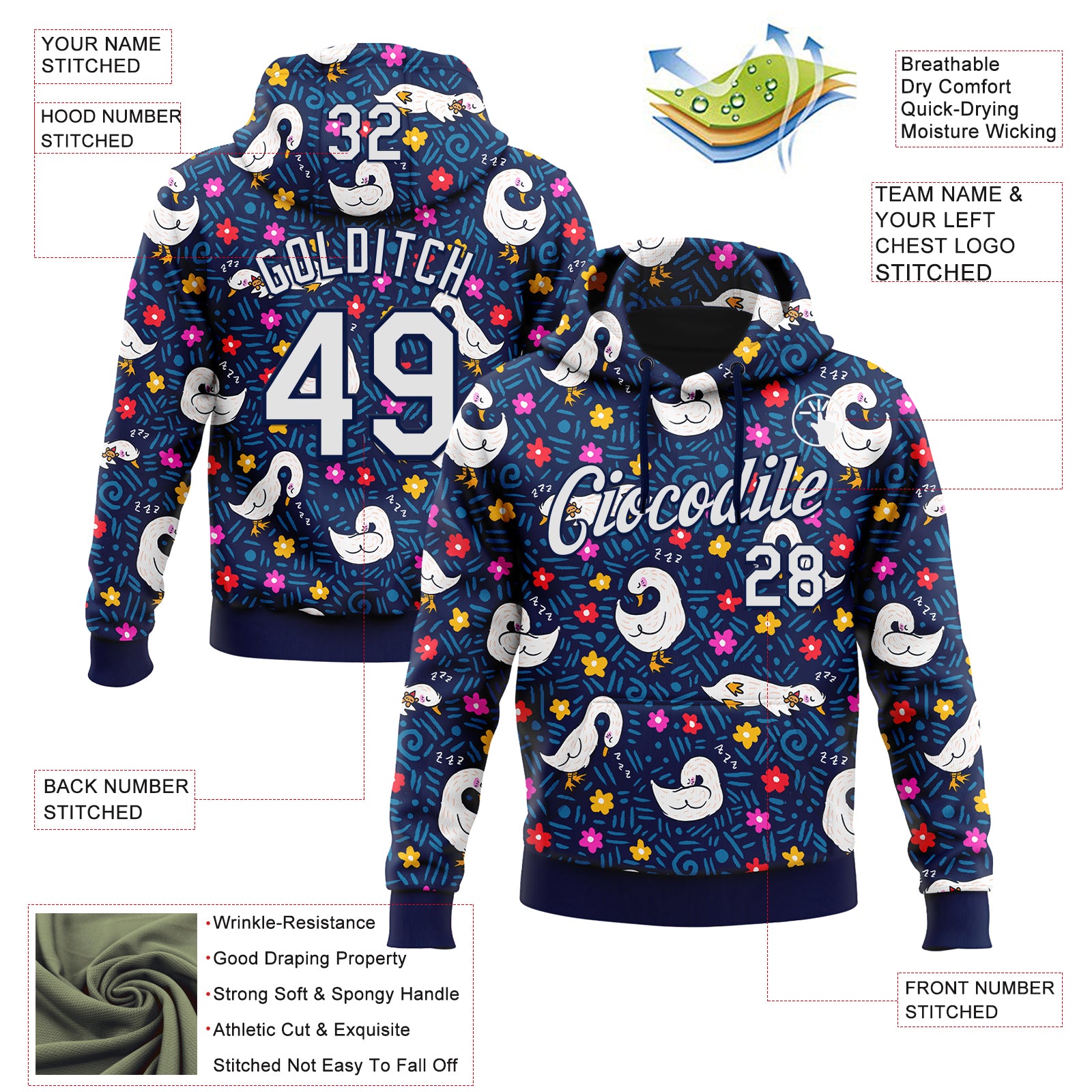 Custom Stitched Navy White 3D Emi Bee Sleeping Geese Sports Pullover Sweatshirt Hoodie