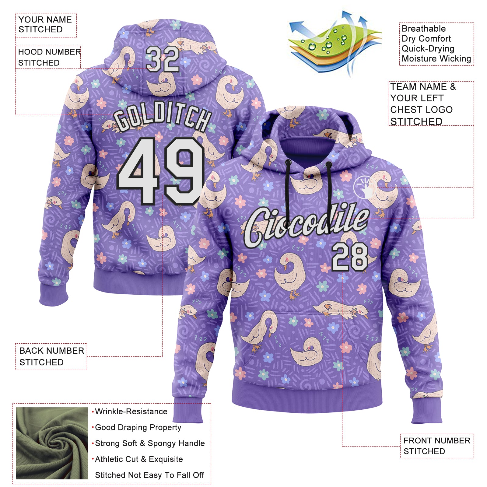Custom Stitched Purple White-Black 3D Emi Bee Sleeping Geese Sports Pullover Sweatshirt Hoodie