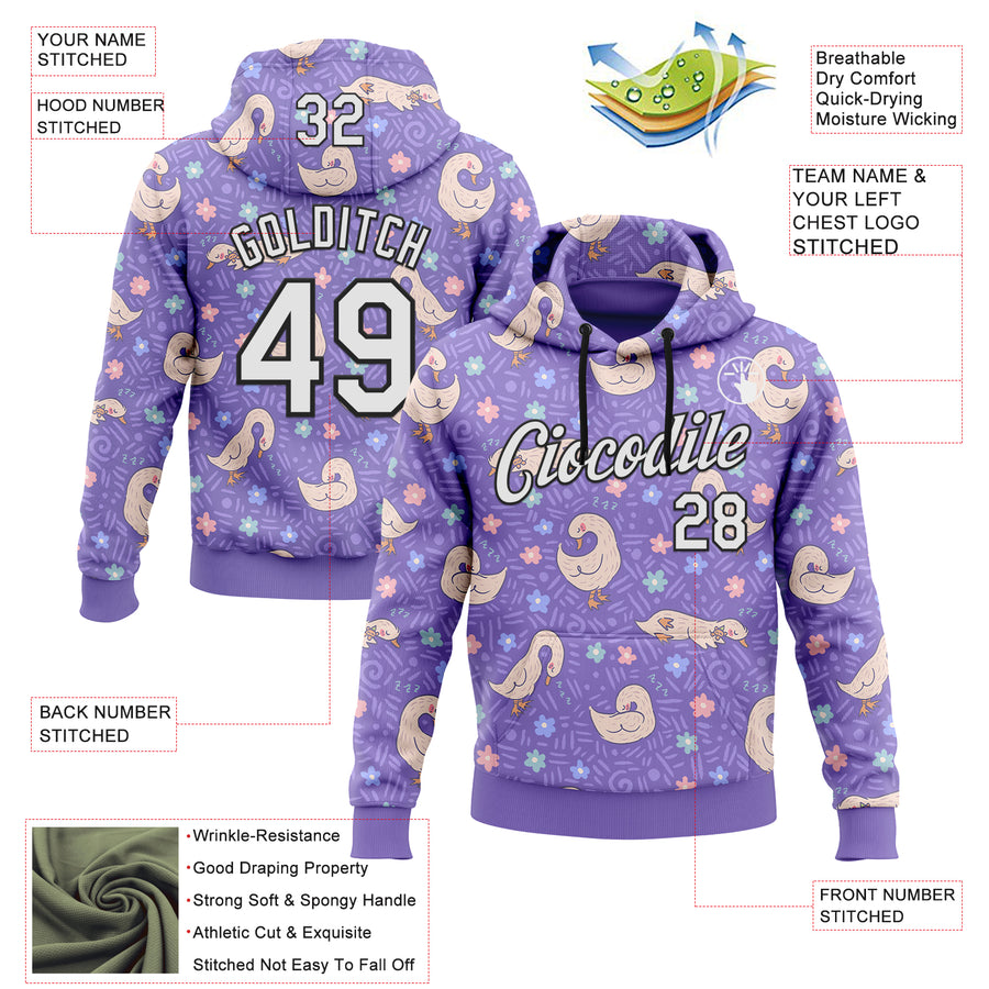 Custom Stitched Purple White-Black 3D Emi Bee Sleeping Geese Sports Pullover Sweatshirt Hoodie