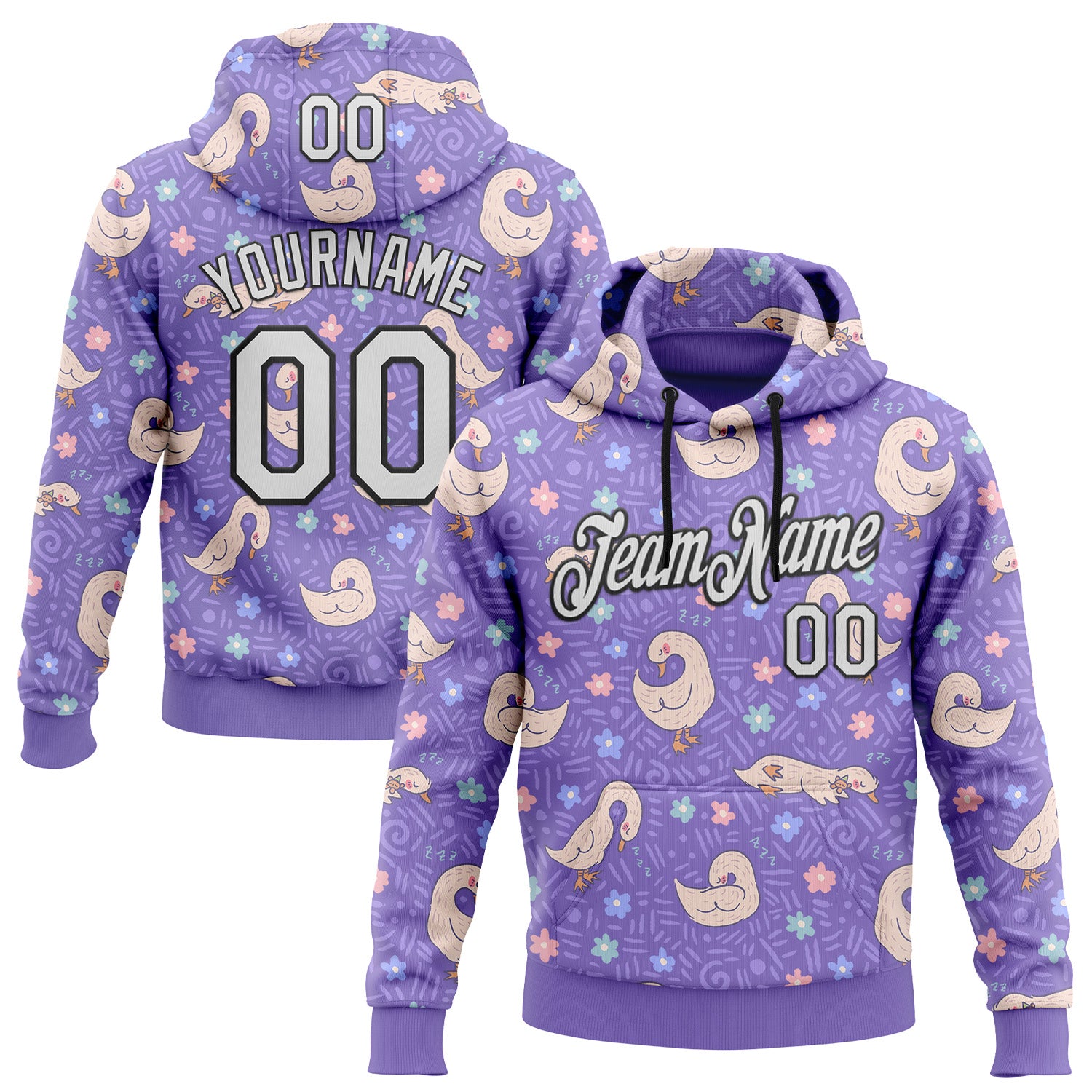 Custom Stitched Purple White-Black 3D Emi Bee Sleeping Geese Sports Pullover Sweatshirt Hoodie