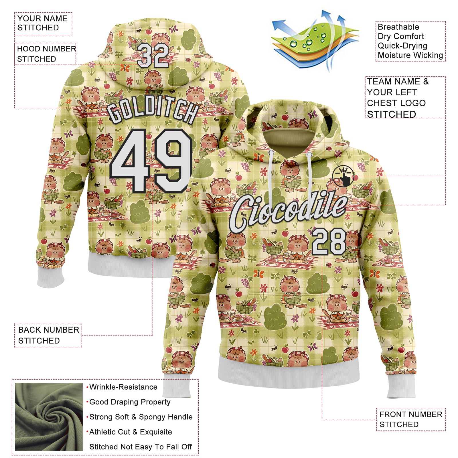 Custom Stitched Green White-Black 3D Emi Bee Summer Picnic Sports Pullover Sweatshirt Hoodie