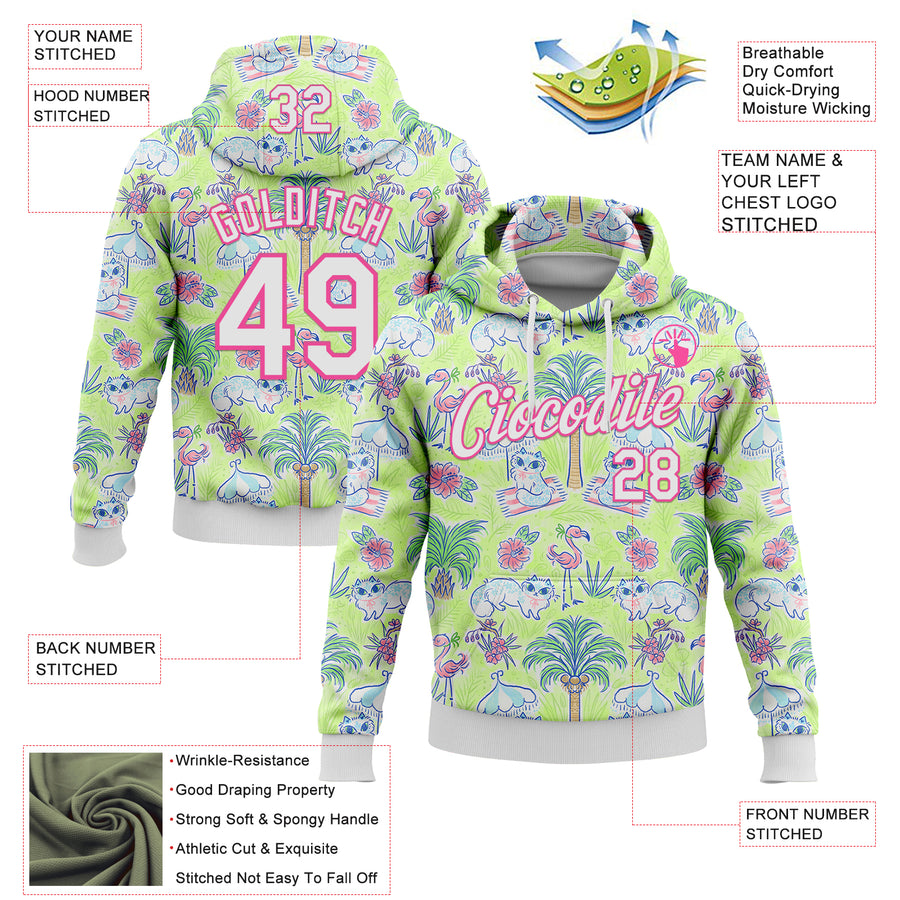 Custom Stitched Green White-Pink 3D Emi Bee Tropical Beach Day Sports Pullover Sweatshirt Hoodie
