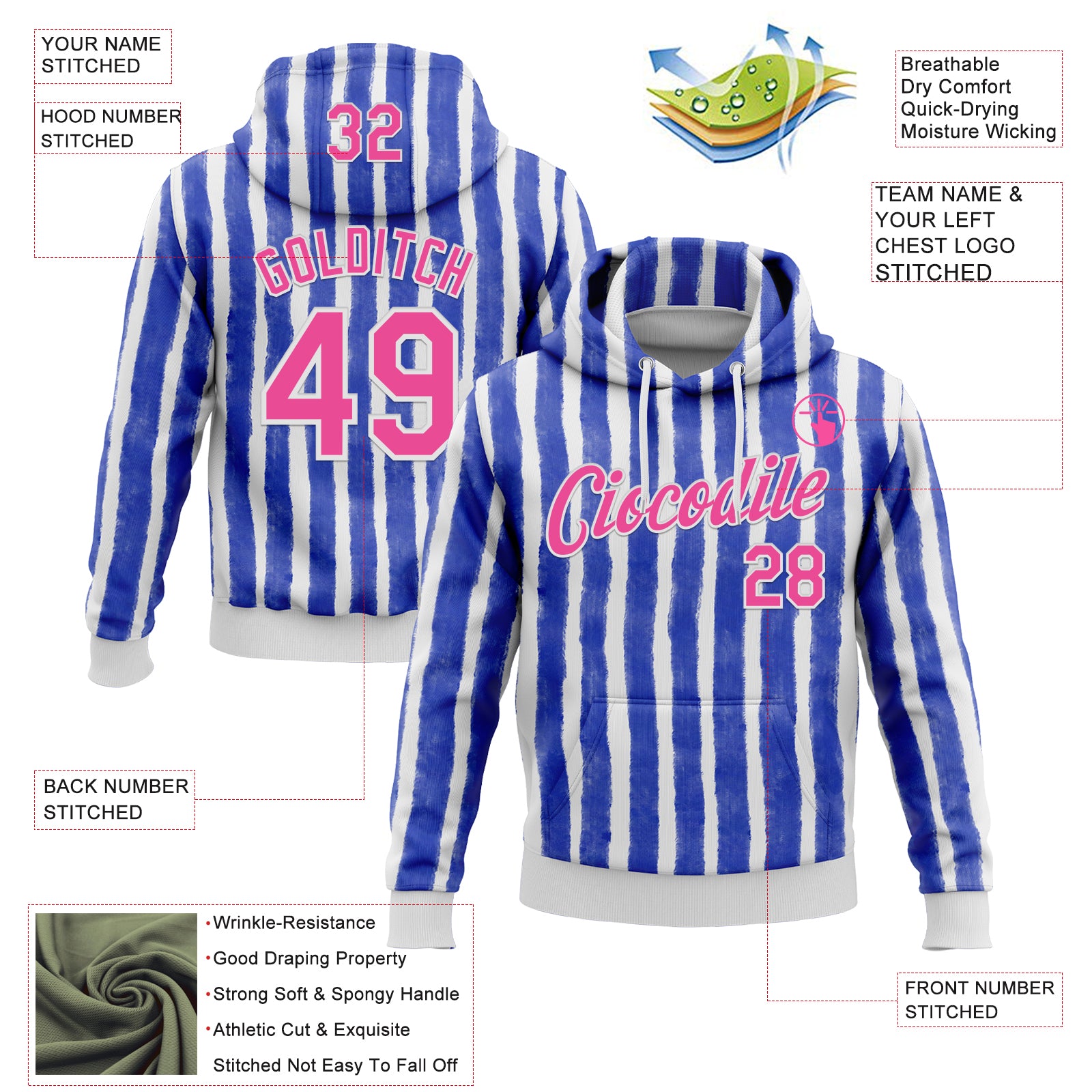 Custom Stitched Blue Pink-White 3D Emi Bee Watercolor Stripes Sports Pullover Sweatshirt Hoodie