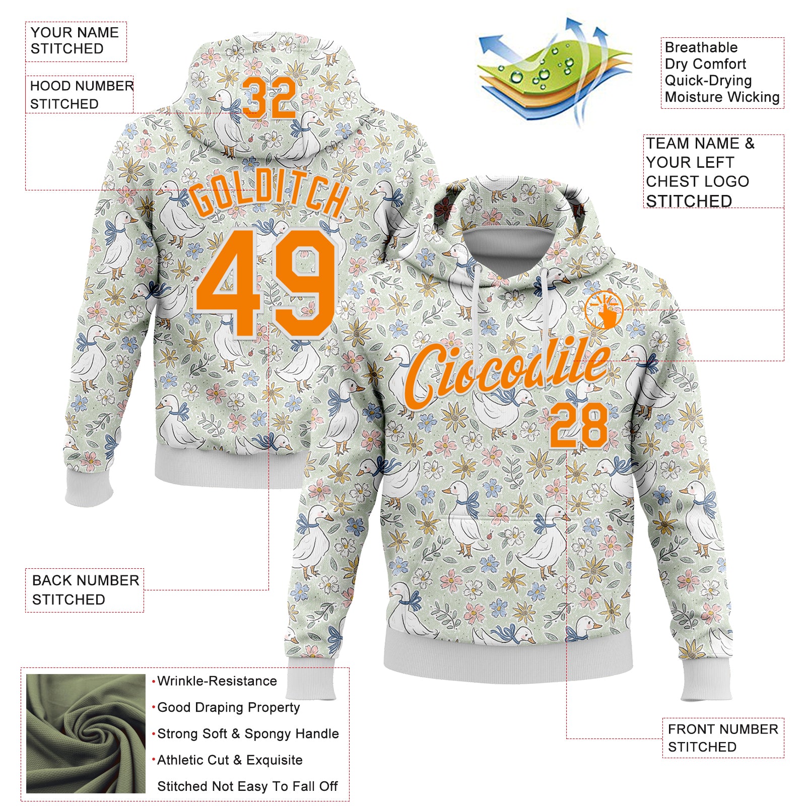 Custom Stitched Green Bay Orange-White 3D Emi Bee Wildflower Geese Sports Pullover Sweatshirt Hoodie